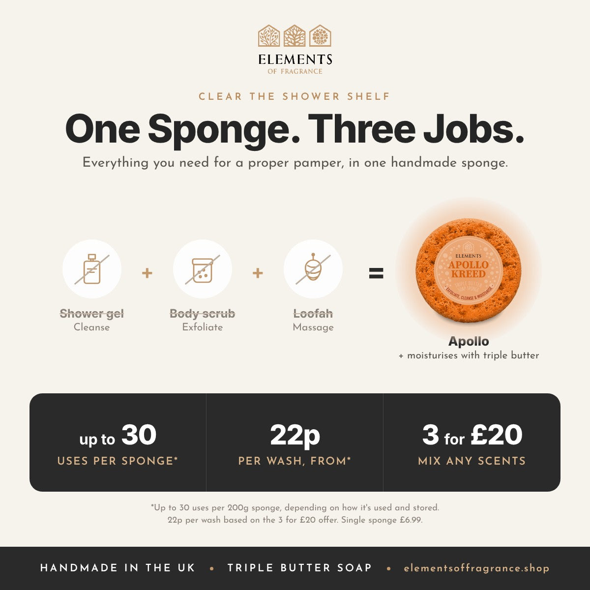 Apollo Soap Sponge replaces shower gel, body scrub and loofah, up to 30 uses, mix any 3 for £20