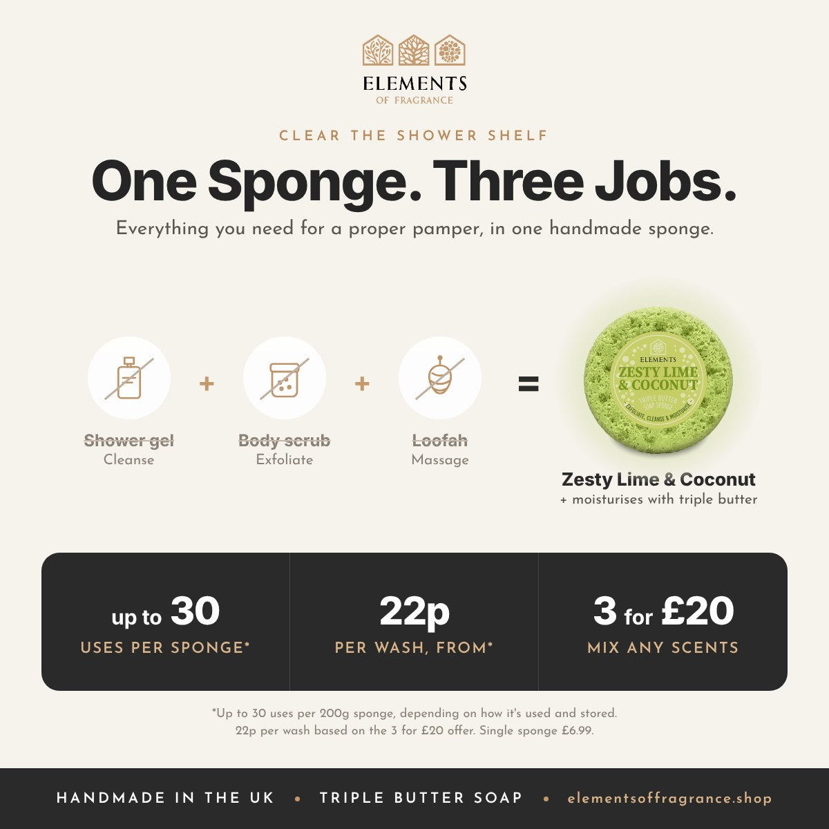 Zesty Lime & Coconut Soap Sponge replaces shower gel, body scrub and loofah, up to 30 uses, mix any 3 for £20