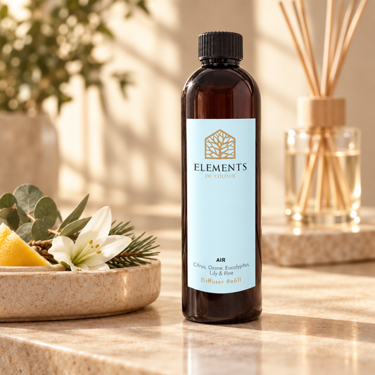 Air reed diffuser refill bottle beside a reed diffuser – Elements of Fragrance