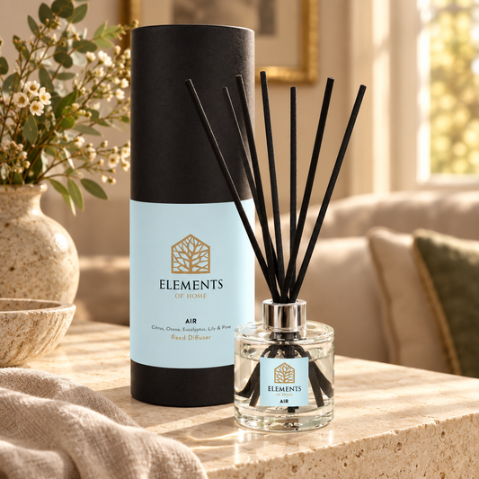 Air 100ml reed diffuser with black reeds styled in a sunlit living room – Elements of Fragrance