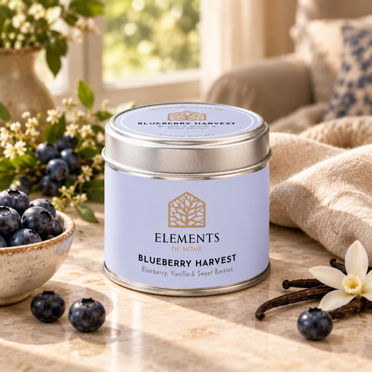 Blueberry Harvest scented candle in a 180g tin styled with fresh ingredients – Elements of Fragrance