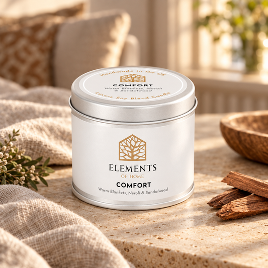 Comfort scented candle in a 180g tin styled with fresh ingredients – Elements of Fragrance