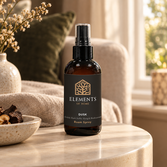 Dusk 150ml room spray on a side table in a sunlit living room – Elements of Fragrance