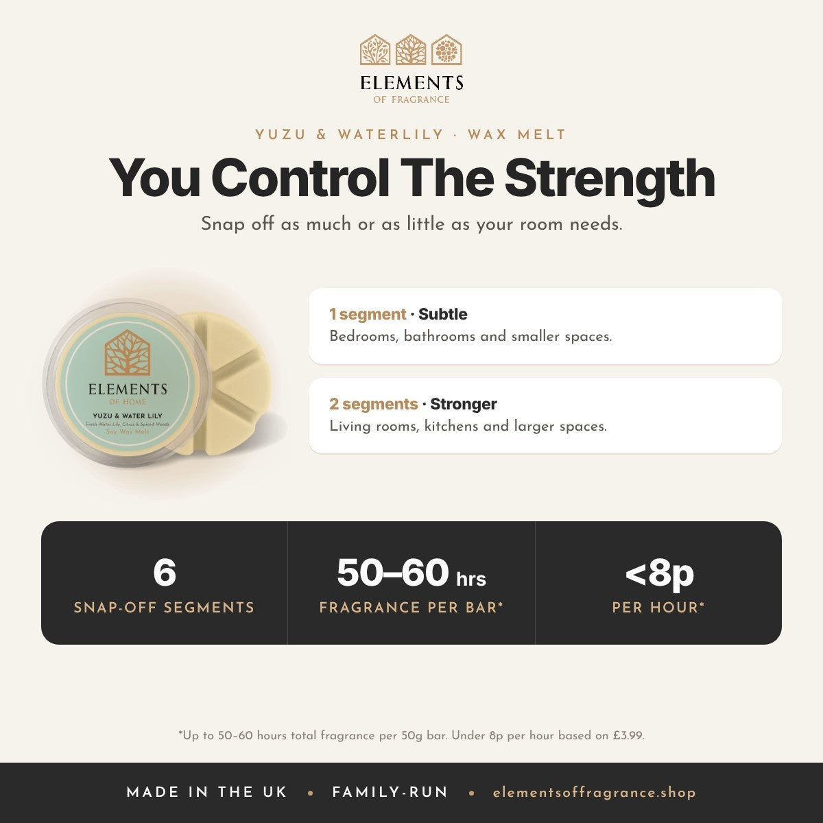 Yuzu & Waterlily Wax Melt: strength guide, 1 segment for subtle, 2 for stronger, up to 50 to 60 hours per bar