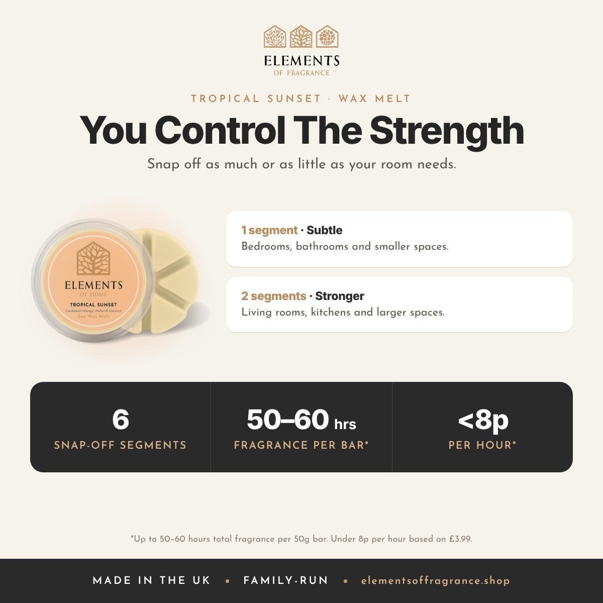 Tropical Sunset Wax Melt: strength guide, 1 segment for subtle, 2 for stronger, up to 50 to 60 hours per bar