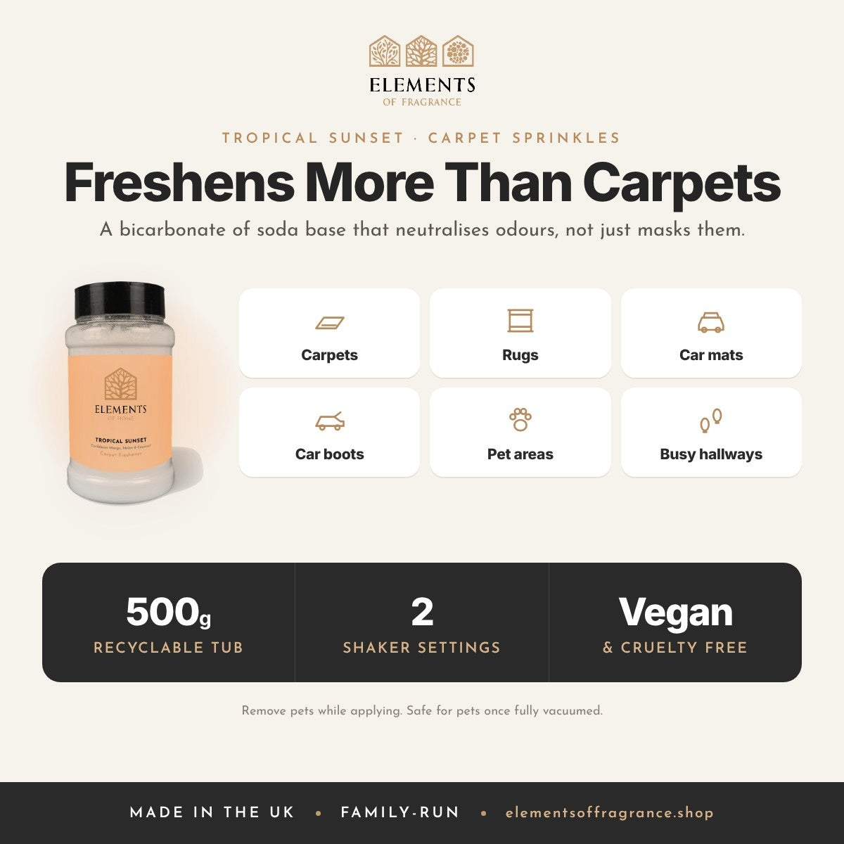 Tropical Sunset Carpet Sprinkles: where to use, carpets, rugs, car mats, car boots, pet areas and hallways