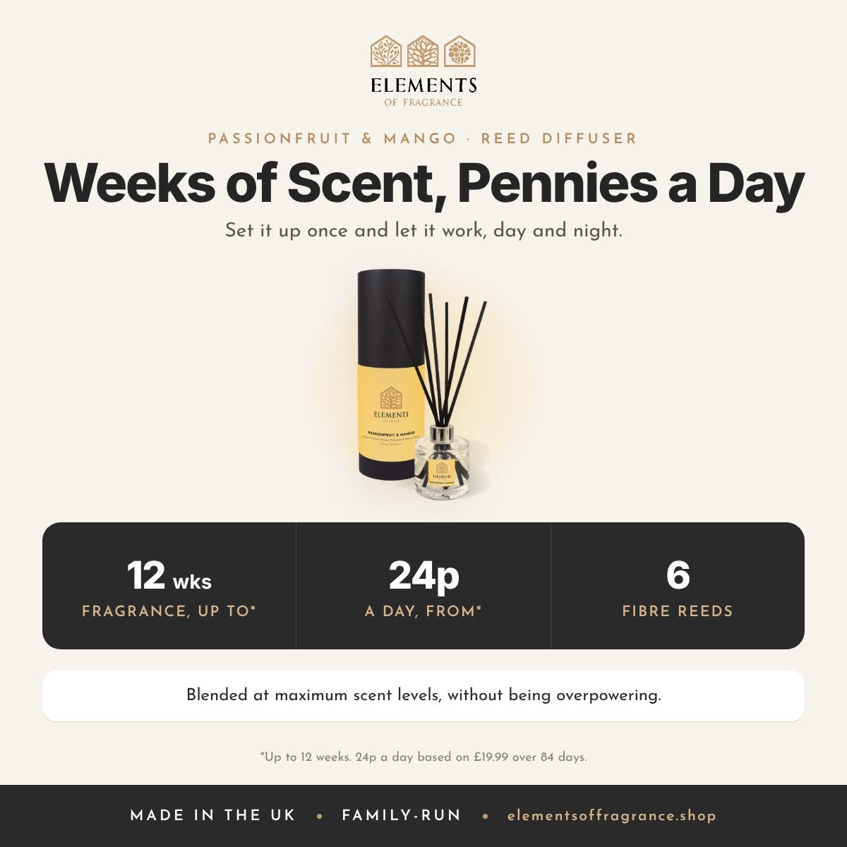 Passionfruit & Mango Reed Diffuser: up to 12 weeks of fragrance from 24p a day, 6 fibre reeds