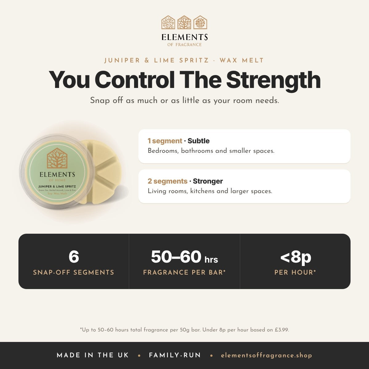 Juniper & Lime Spritz Wax Melt: strength guide, 1 segment for subtle, 2 for stronger, up to 50 to 60 hours per bar