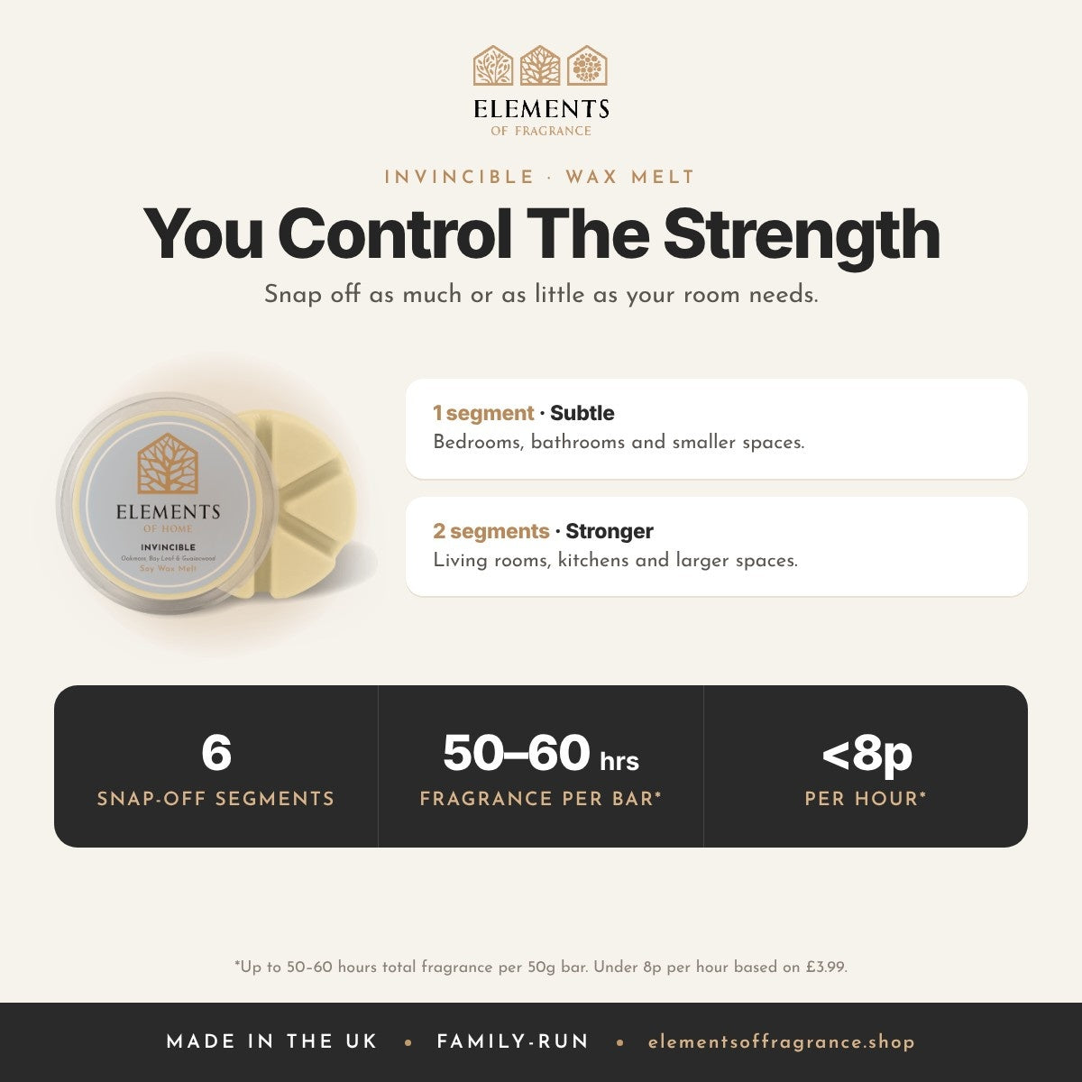 Invincible Wax Melt: strength guide, 1 segment for subtle, 2 for stronger, up to 50 to 60 hours per bar