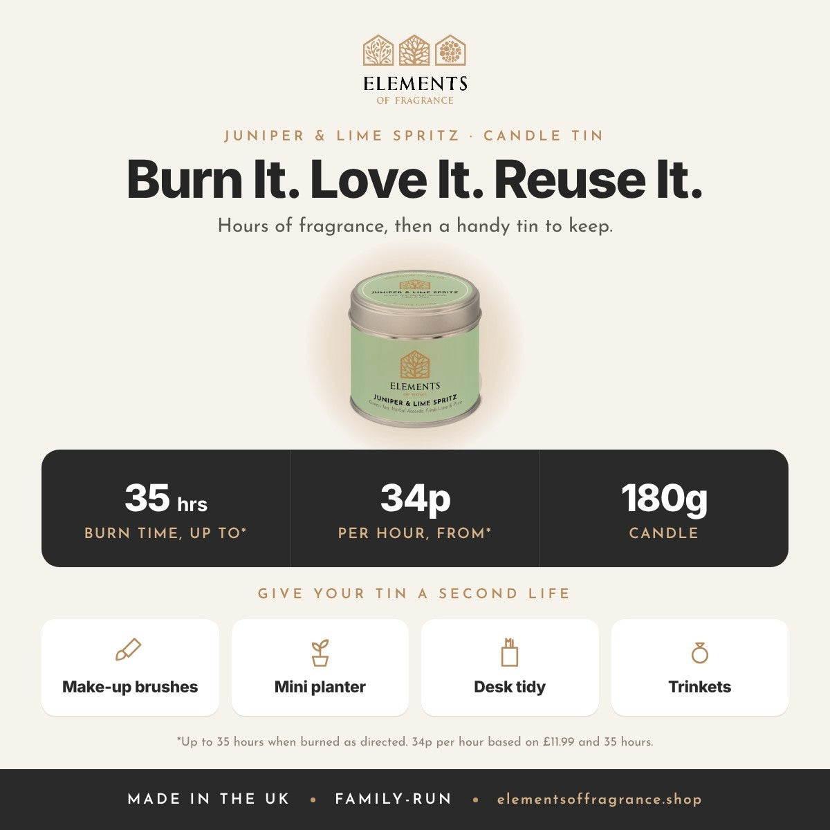 Juniper & Lime Spritz Candle Tin: up to 35 hours burn time, from 34p per hour, reusable tin