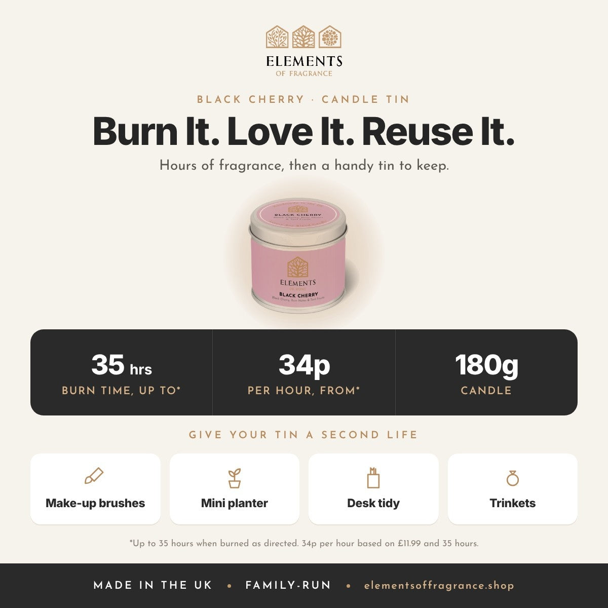 Black Cherry Candle Tin: up to 35 hours burn time, from 34p per hour, reusable tin