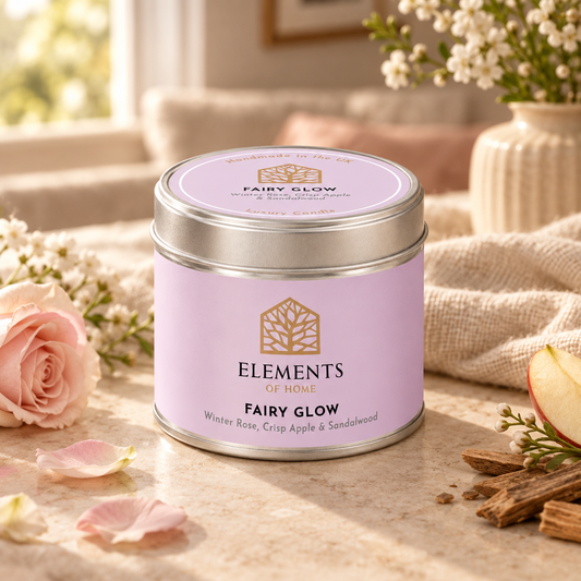 Fairy Glow scented candle in a 180g tin styled with fresh ingredients – Elements of Fragrance