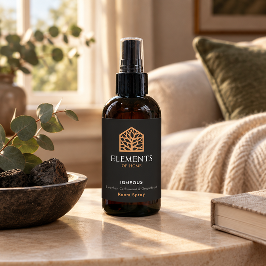 Igneous 150ml room spray on a side table in a sunlit living room – Elements of Fragrance