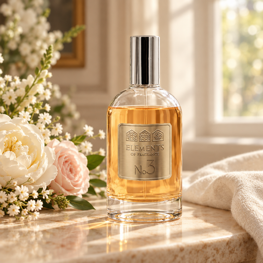 No03 Inspired by La Vie Est Belle 100ml eau de parfum styled on a marble table in a sunlit room – Elements of Fragrance