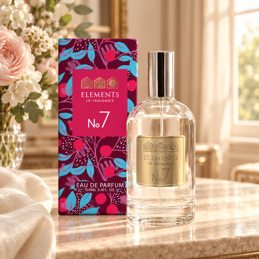 No07 Inspired by Baccarat Rouge 100ml eau de parfum styled on a marble table in a sunlit room – Elements of Fragrance