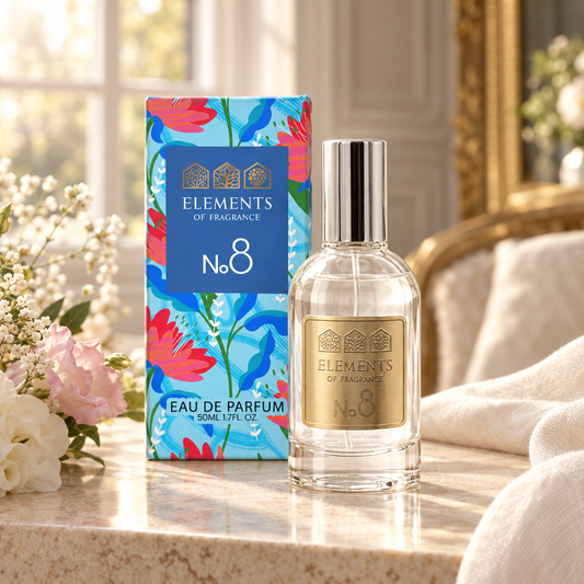 No08 Inspired by Flora 50ml eau de parfum styled on a marble table in a sunlit room – Elements of Fragrance