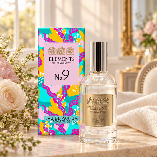 No09 Inspired by Flowerbomb 50ml eau de parfum styled on a marble table in a sunlit room – Elements of Fragrance