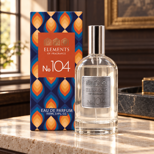 No104 Inspired by Sauvage 100ml eau de parfum styled on a marble table in a sunlit room – Elements of Fragrance