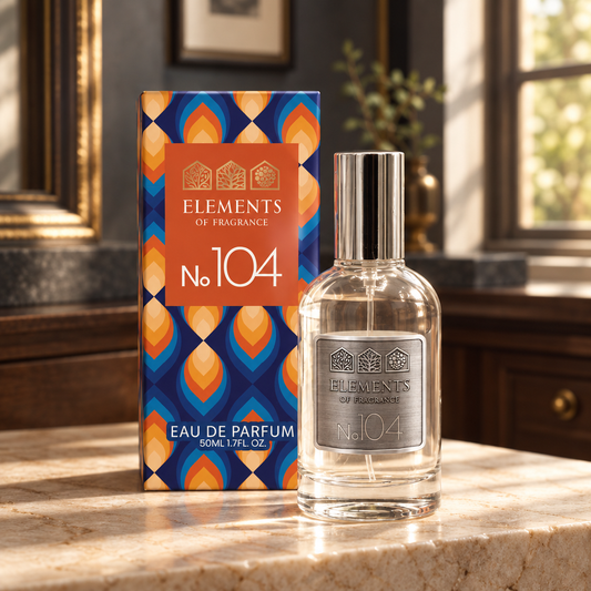 No104 Inspired by Sauvage 50ml eau de parfum styled on a marble table in a sunlit room – Elements of Fragrance