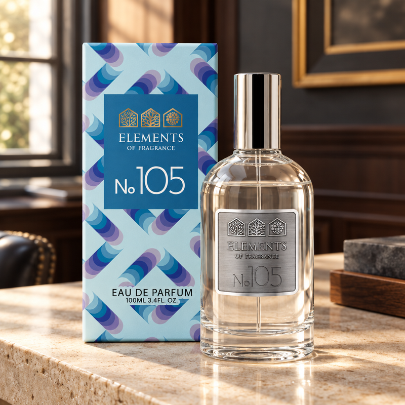 No105 Inspired by Invictus 100ml eau de parfum styled on a marble table in a sunlit room – Elements of Fragrance