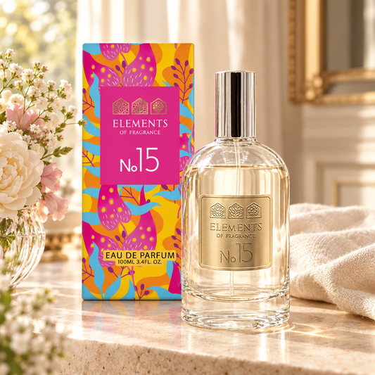 No15 Inspired by Coco Mademoiselle 100ml eau de parfum styled on a marble table in a sunlit room – Elements of Fragrance