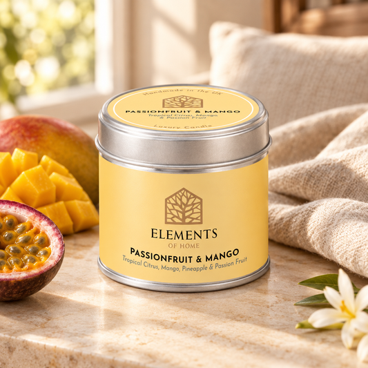 Passionfruit & Mango scented candle in a 180g tin styled with fresh ingredients – Elements of Fragrance