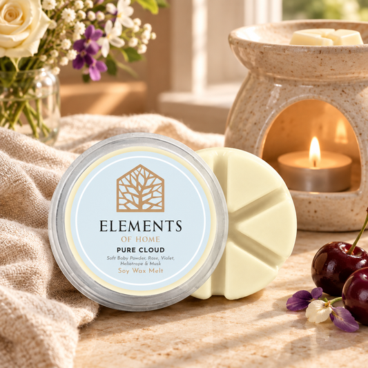 Pure Cloud 50g soy wax melt snap pot beside a lit ceramic wax burner – Elements of Fragrance