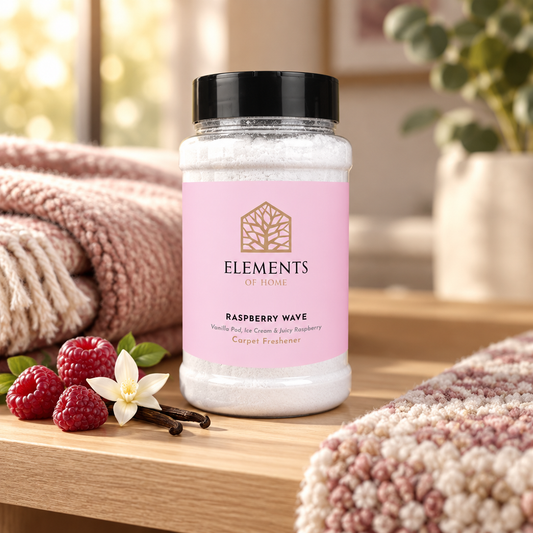 Raspberry Wave scented carpet sprinkles shaker tub on a wooden shelf with cosy throws – Elements of Fragrance