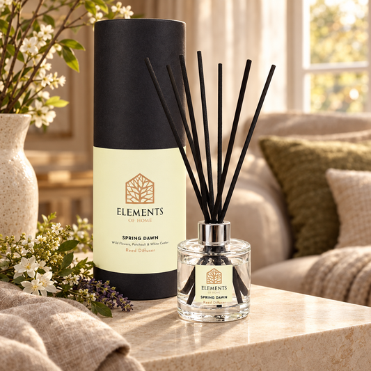 Spring Dawn 100ml reed diffuser with black reeds styled in a sunlit living room – Elements of Fragrance