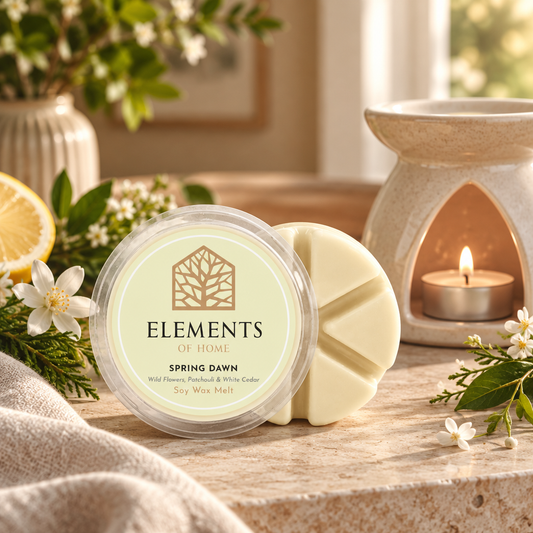 Spring Dawn 50g soy wax melt snap pot beside a lit ceramic wax burner – Elements of Fragrance