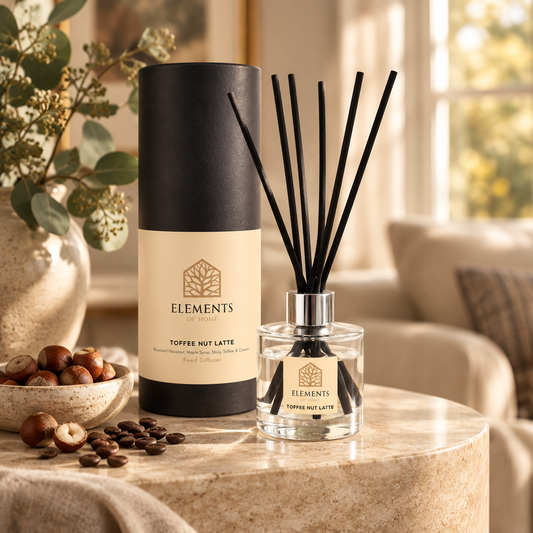 Toffee Nut Latte 100ml reed diffuser with black reeds styled in a sunlit living room – Elements of Fragrance