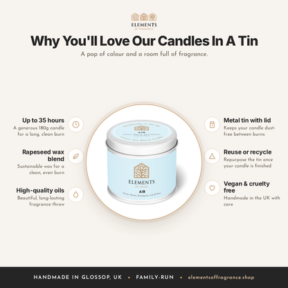 Why you'll love our candles in a tin: up to 35 hours, rapeseed wax, reusable tin, vegan and cruelty free – Elements of Fragrance