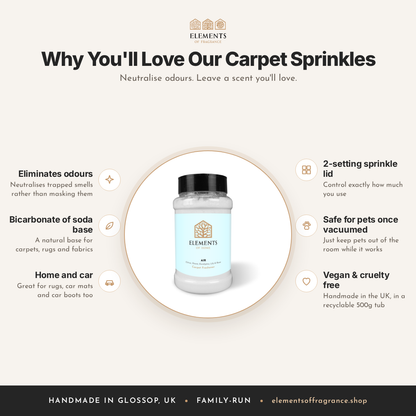 Why you'll love our carpet sprinkles: eliminates odours, bicarbonate of soda base, home and car, vegan and cruelty free – Elements of Fragrance