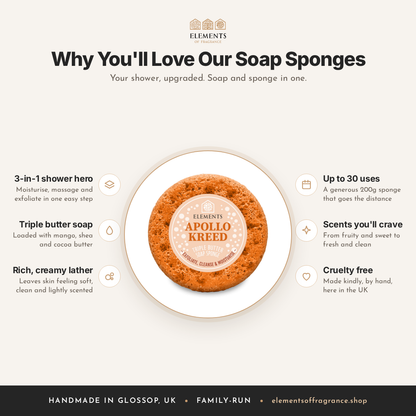 Why you'll love our soap sponges: 3-in-1, triple butter soap, rich lather, up to 30 uses, cruelty free – Elements of Fragrance