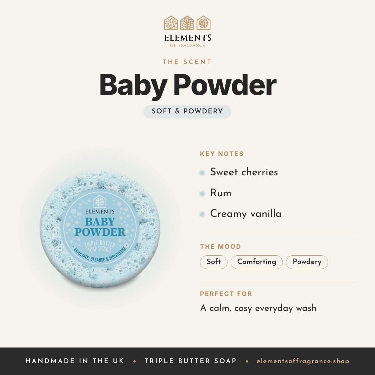 Baby Powder Soap Sponge scent profile: soft & powdery with notes of sweet cherries, rum, creamy vanilla