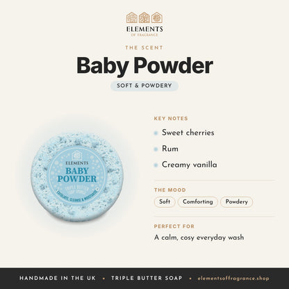 Baby Powder Soap Sponge scent profile: soft & powdery with notes of sweet cherries, rum, creamy vanilla