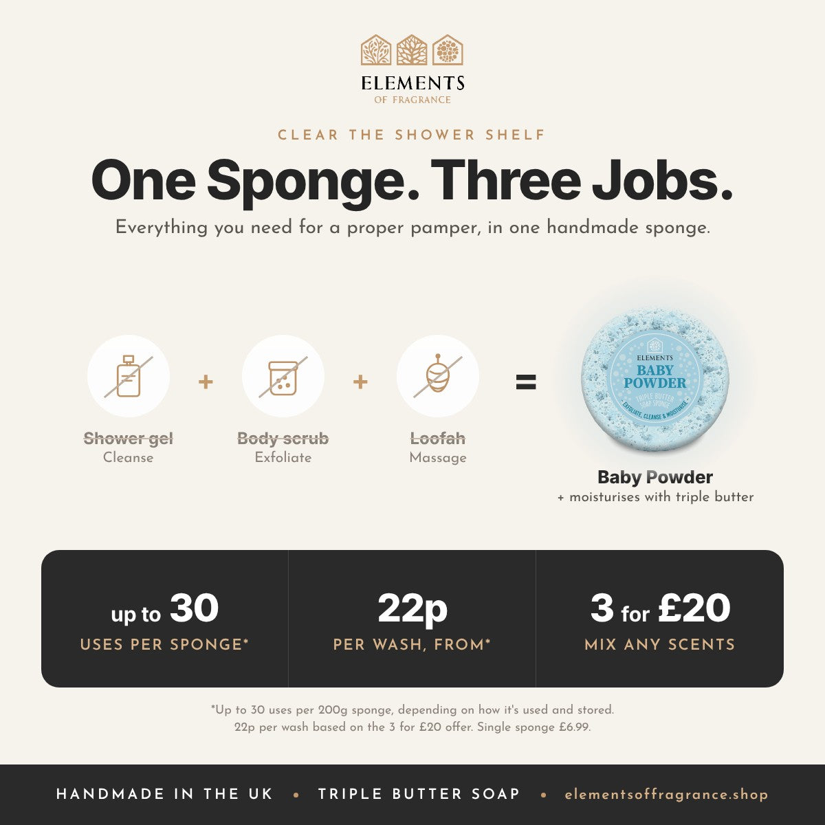 Baby Powder Soap Sponge replaces shower gel, body scrub and loofah, up to 30 uses, mix any 3 for £20