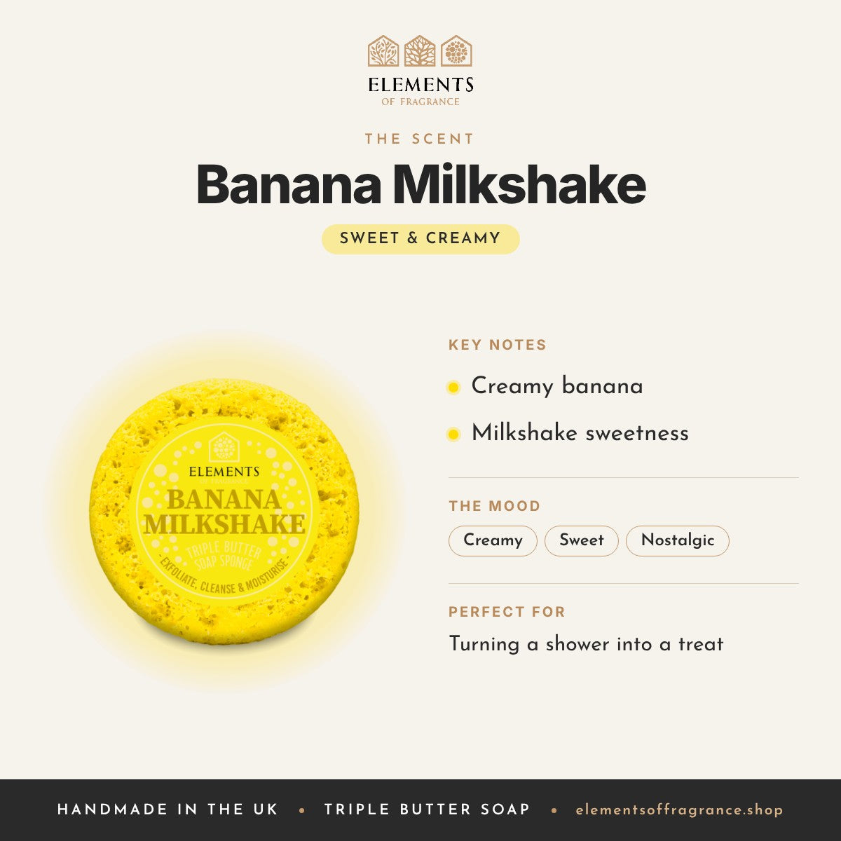 Banana Milkshake Soap Sponge scent profile: sweet & creamy with notes of creamy banana, milkshake sweetness