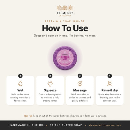 How to use the Berry Mix Soap Sponge: wet, squeeze, massage, then rinse and dry