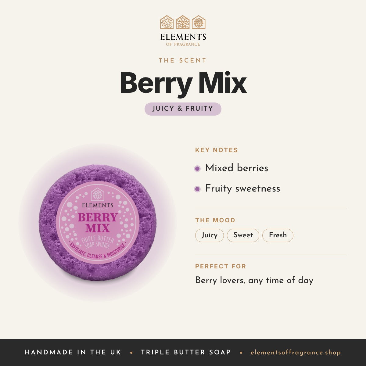 Berry Mix Soap Sponge scent profile: juicy & fruity with notes of mixed berries, fruity sweetness