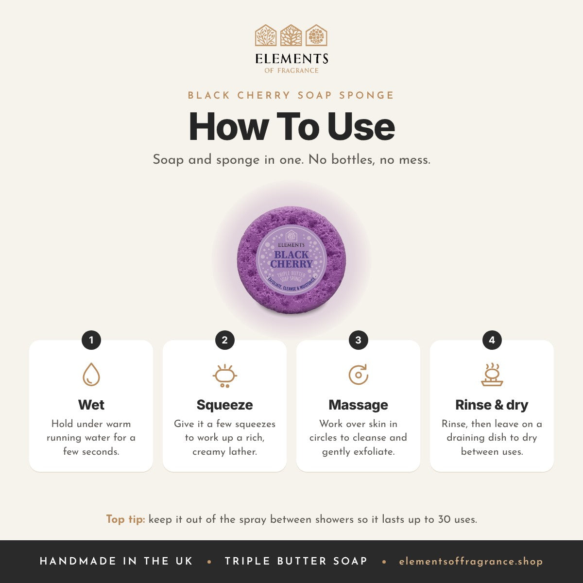 How to use the Black Cherry Soap Sponge: wet, squeeze, massage, then rinse and dry