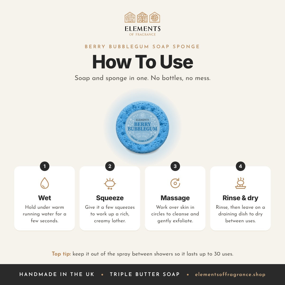 How to use the Berry Bubblegum Soap Sponge: wet, squeeze, massage, then rinse and dry