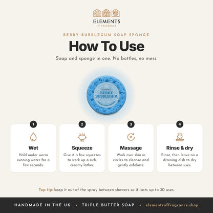 How to use the Berry Bubblegum Soap Sponge: wet, squeeze, massage, then rinse and dry