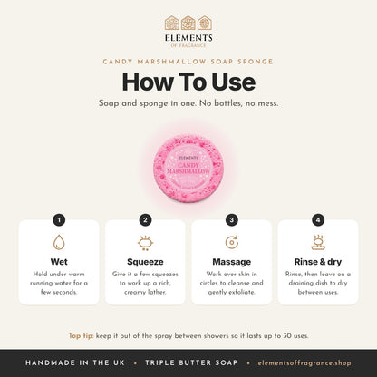 How to use the Candy Marshmallow Soap Sponge: wet, squeeze, massage, then rinse and dry