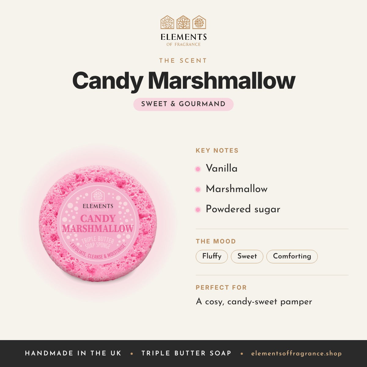 Candy Marshmallow Soap Sponge scent profile: sweet & gourmand with notes of vanilla, marshmallow, powdered sugar