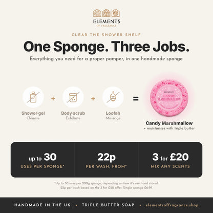 Candy Marshmallow Soap Sponge replaces shower gel, body scrub and loofah, up to 30 uses, mix any 3 for £20