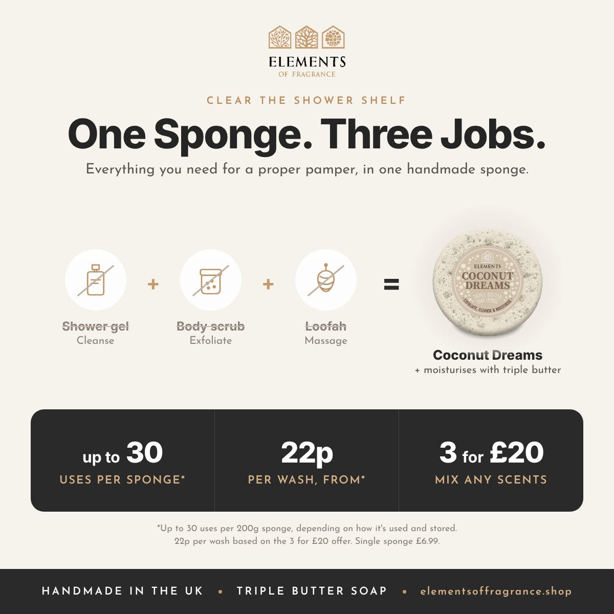 Coconut Dreams Soap Sponge replaces shower gel, body scrub and loofah, up to 30 uses, mix any 3 for £20