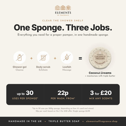 Coconut Dreams Soap Sponge replaces shower gel, body scrub and loofah, up to 30 uses, mix any 3 for £20