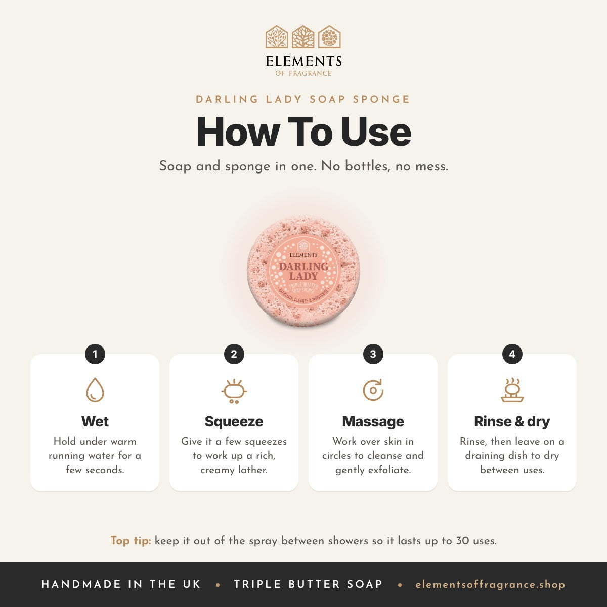 How to use the Darling Lady Soap Sponge: wet, squeeze, massage, then rinse and dry