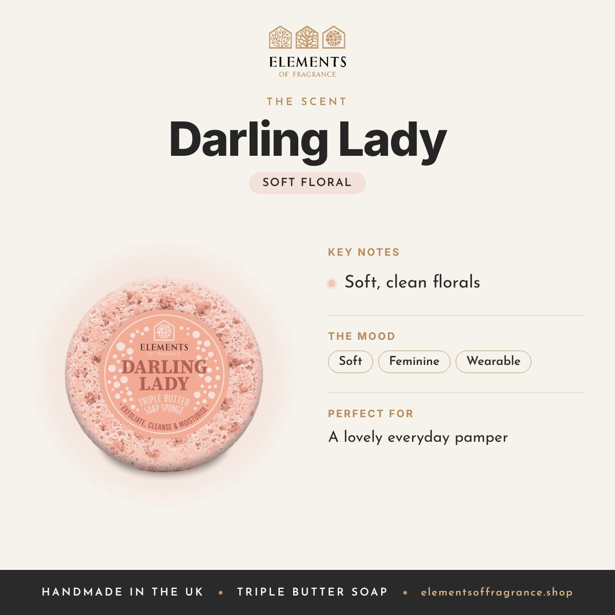 Darling Lady Soap Sponge scent profile: soft floral with notes of soft, clean florals